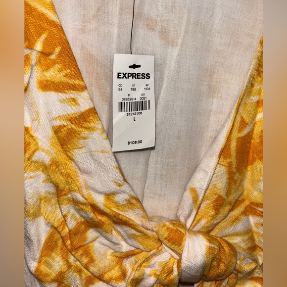 Express Women size Large Flutter Sleeve Tie Front Midi Linen Dress Yellow Gold - Picture 12 of 15